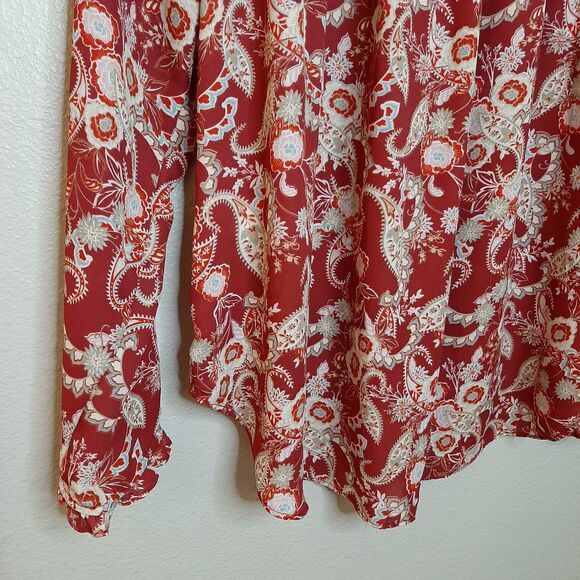 Rose + Olive Blouse Red Women Size M Boho Tassels Paisley Long Sleeve Button Up - Picture 10 of 11